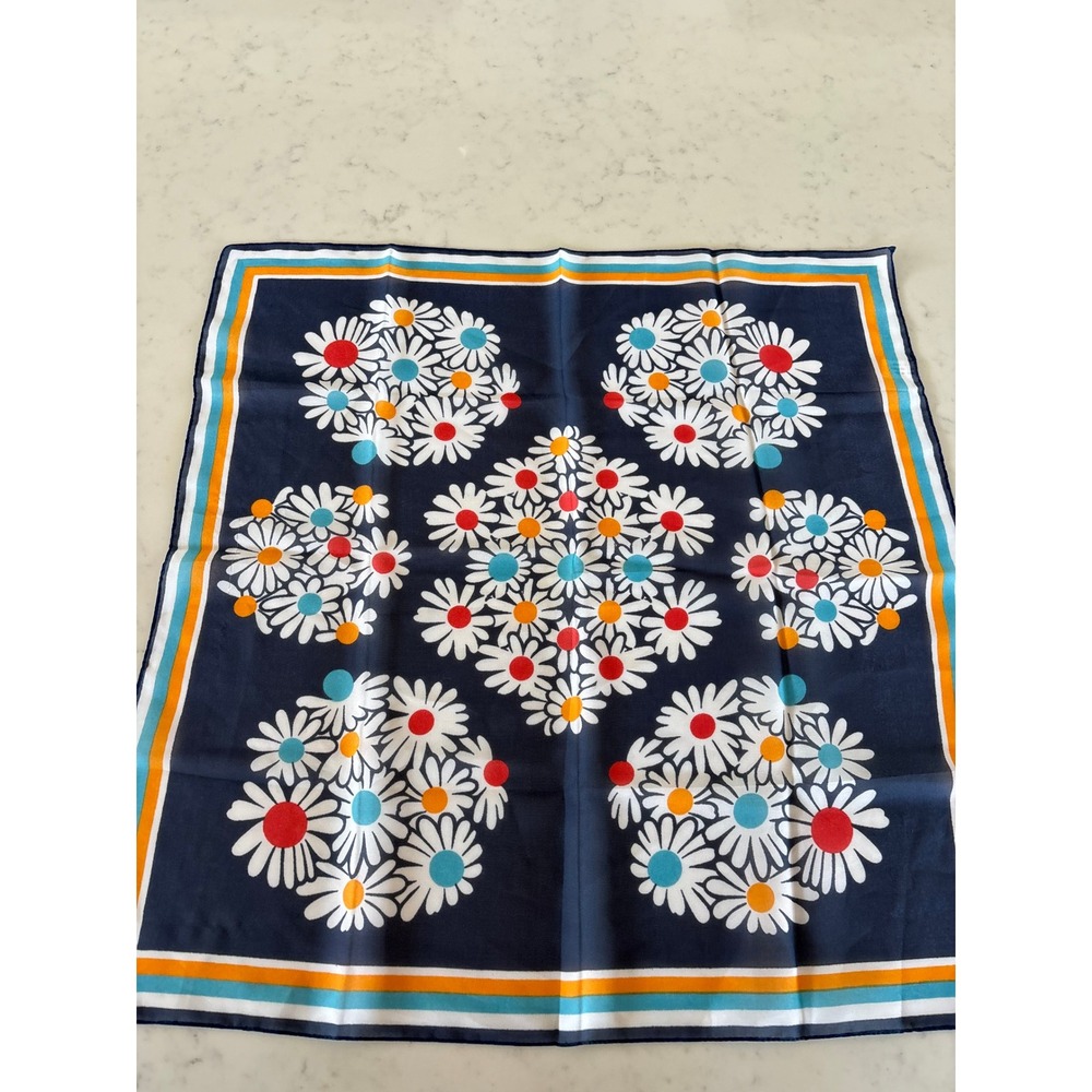 Vintage Made in Italy Navy Blue Daisy Floral Square Scarf Retro Mod 26.5in
